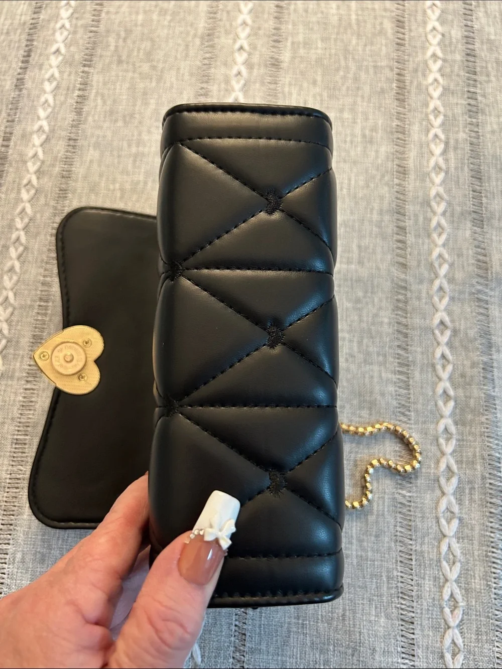 Black Quilted Chain Shoulder Bag with Gold Heart Lock